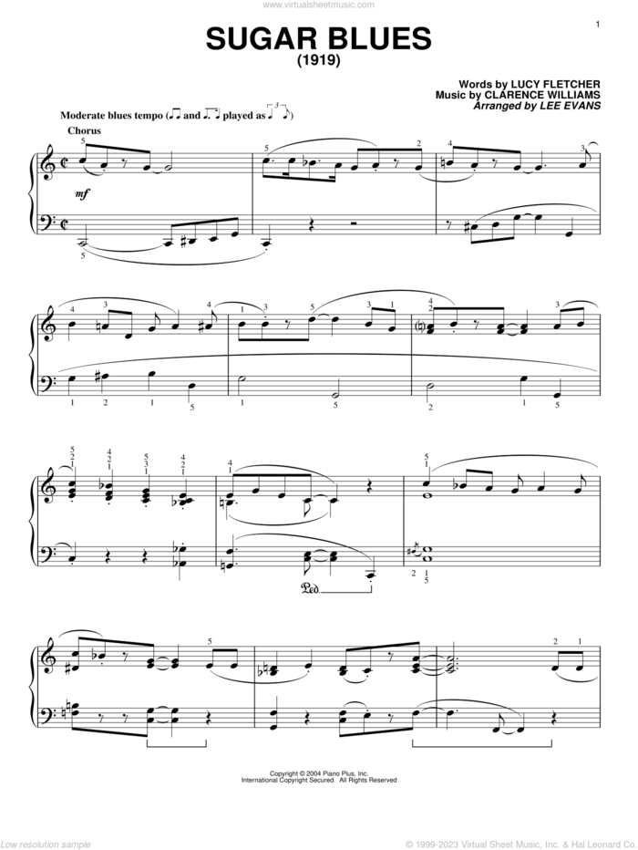 Sugar Blues sheet music for piano solo by Clyde McCoy and his Orchestra, Clarence Williams and Lucy Fletcher, intermediate skill level