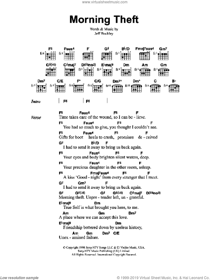 Morning Theft sheet music for guitar (chords) by Jeff Buckley, intermediate skill level