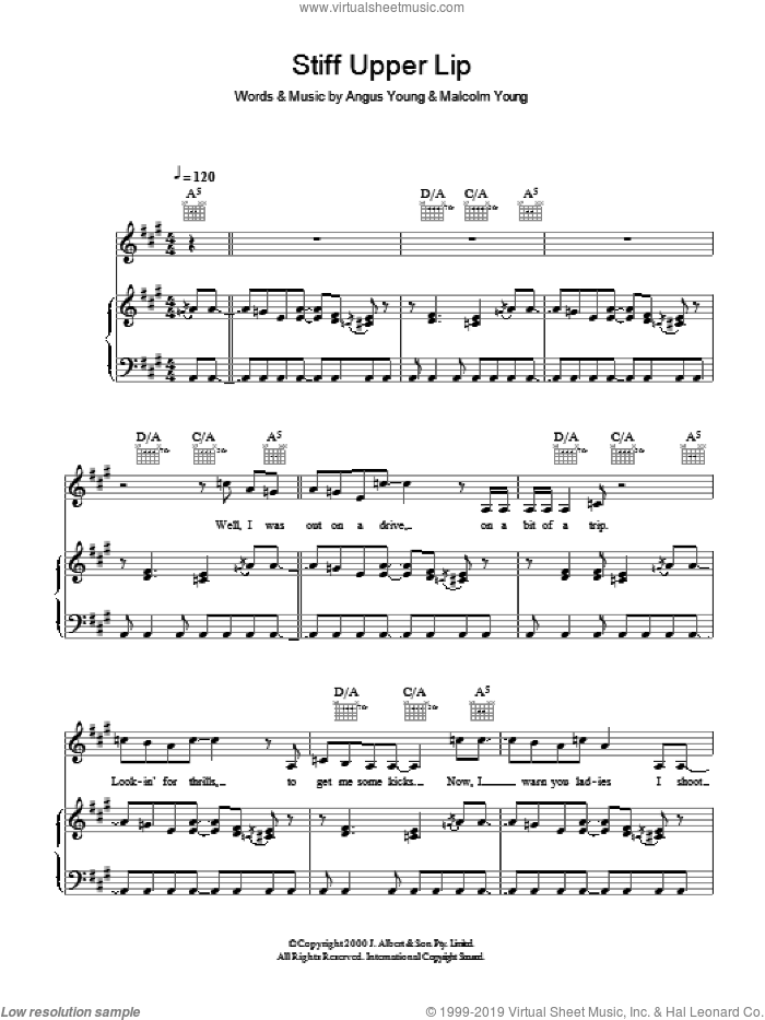 Stiff Upper Lip sheet music for voice, piano or guitar by AC/DC, Angus Young and Malcolm Young, intermediate skill level