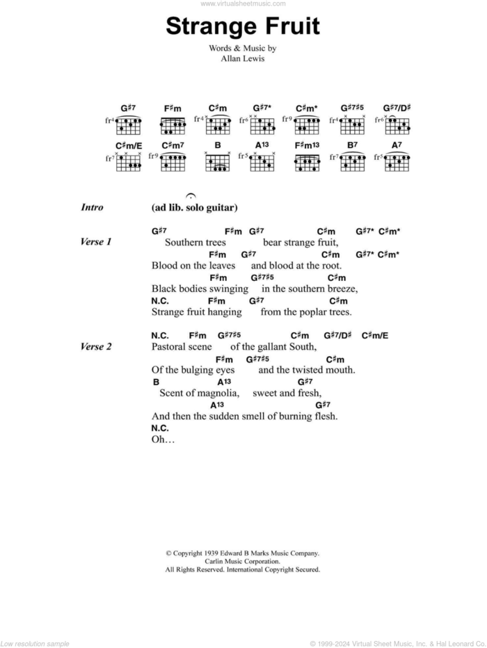 Strange Fruit sheet music for guitar (chords) by Jeff Buckley, Billie Holiday and Lewis Allan, intermediate skill level