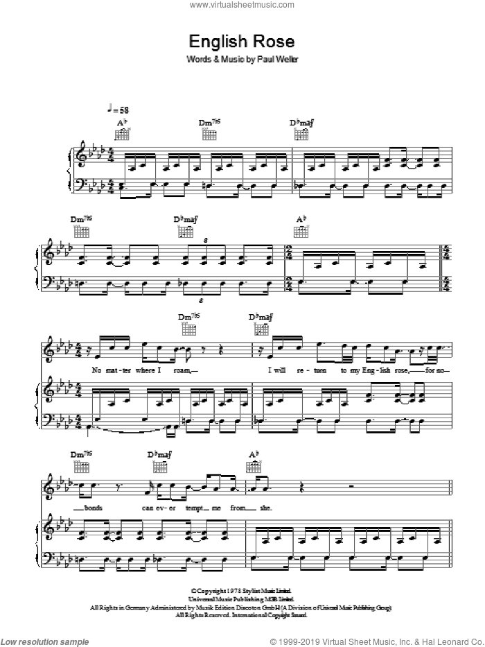 English Rose sheet music for voice, piano or guitar by The Jam and Paul Weller, intermediate skill level