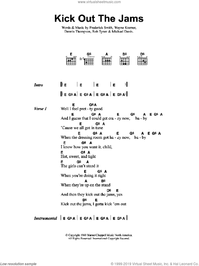 Kick Out The Jams sheet music for guitar (chords) by Jeff Buckley, Dennis Thompson, Frederick Smith, Michael Davis, Rob Tyner and Wayne Kramer, intermediate skill level