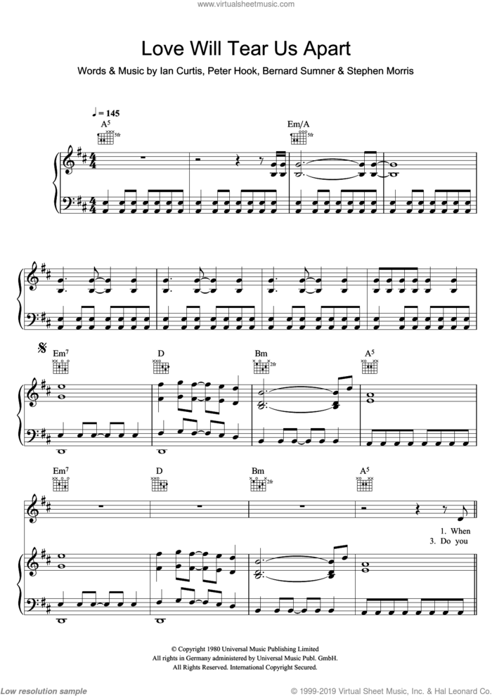 Love Will Tear Us Apart sheet music for voice, piano or guitar by Joy Division, Nouvelle Vague, Bernard Sumner, Ian Curtis, Peter Hook and Stephen Morris, intermediate skill level