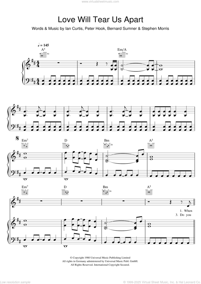 Love Will Tear Us Apart sheet music for voice, piano or guitar by Joy Division, Nouvelle Vague, Bernard Sumner, Ian Curtis, Peter Hook and Stephen Morris, intermediate skill level