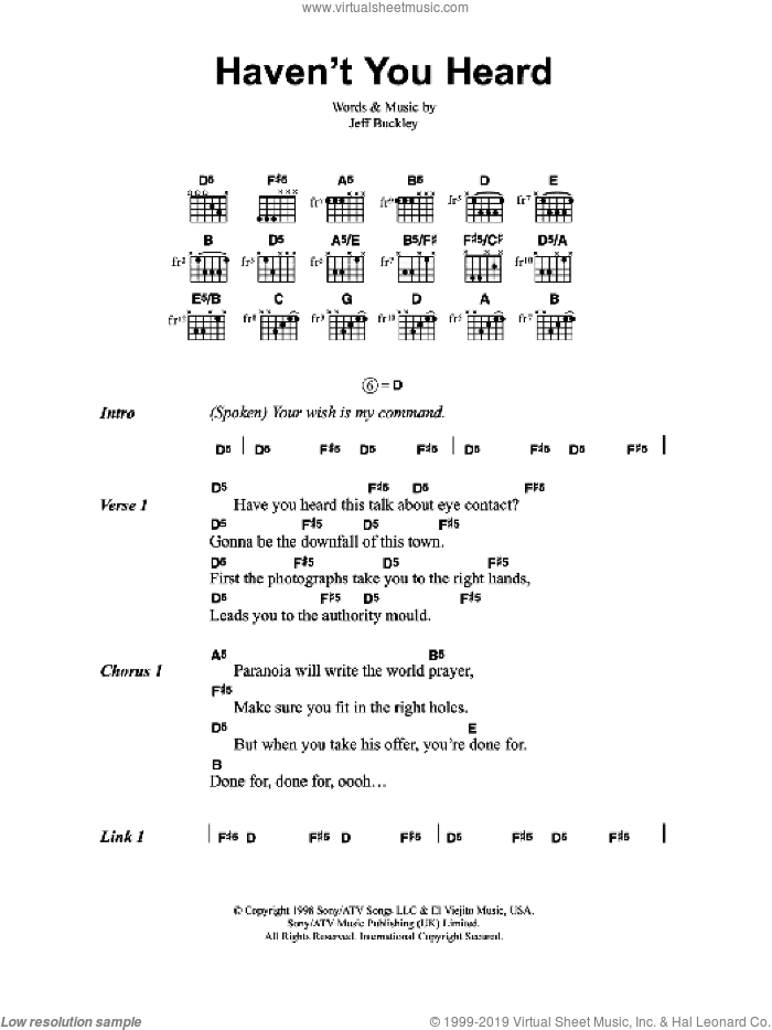 Haven't You Heard sheet music for guitar (chords) by Jeff Buckley, intermediate skill level