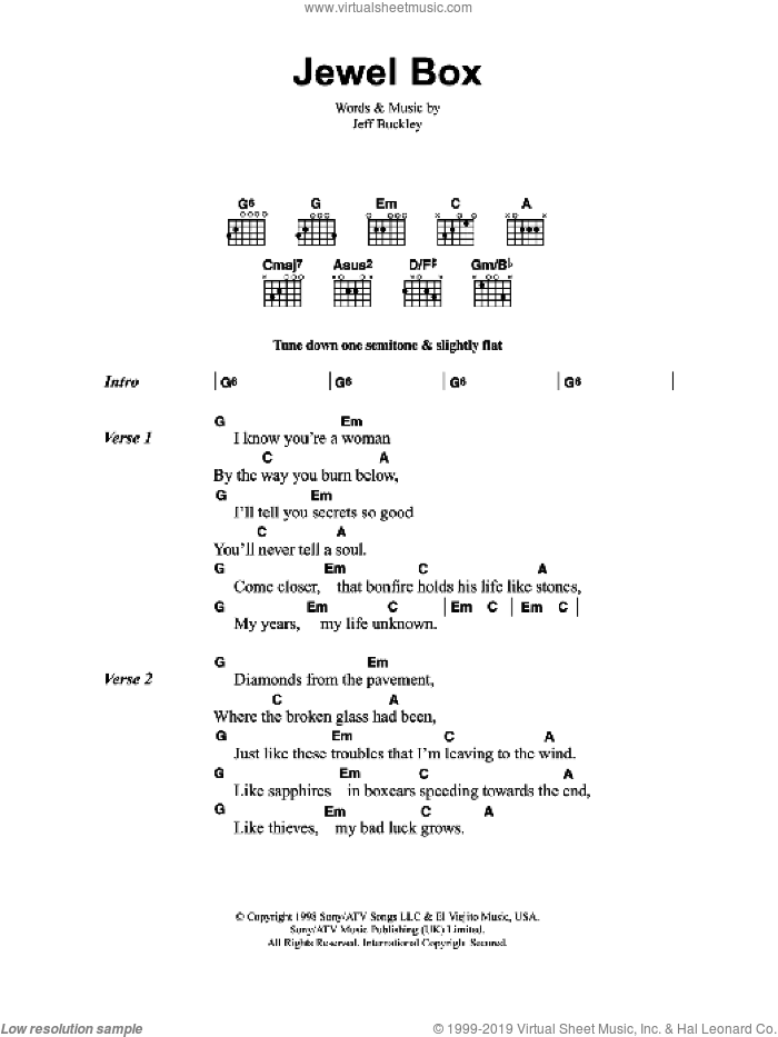 Jewel Box sheet music for guitar (chords) by Jeff Buckley, intermediate skill level