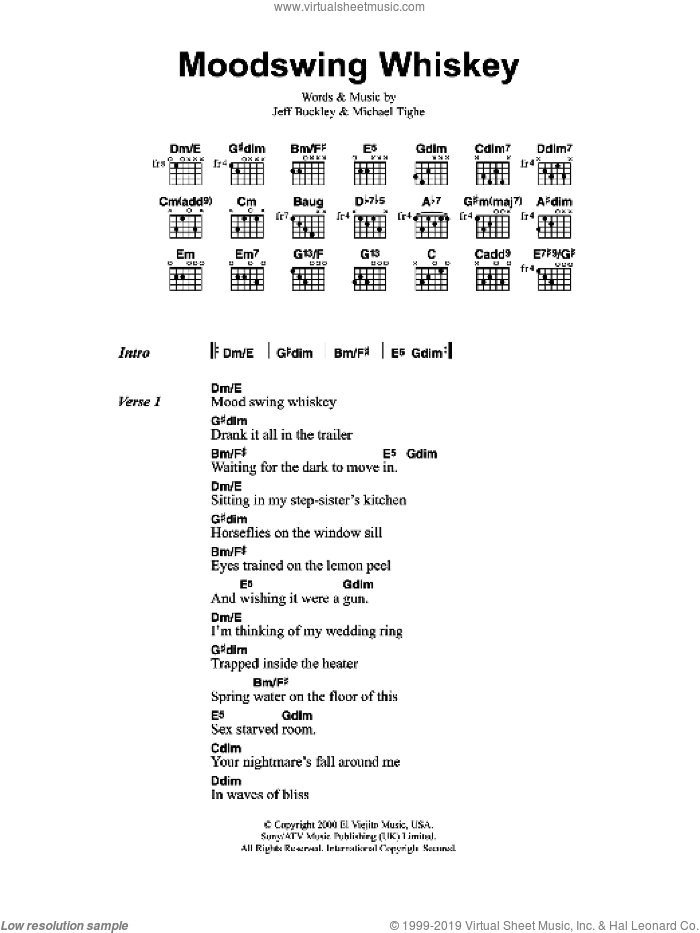 Moodswing Whiskey sheet music for guitar (chords) by Jeff Buckley and Michael Tighe, intermediate skill level