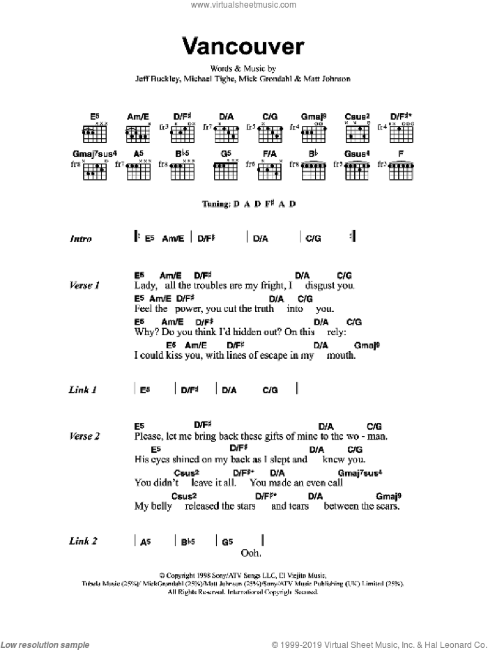 Vancouver sheet music for guitar (chords) by Jeff Buckley, Matt Johnson, Michael Tighe and Mick Grondahl, intermediate skill level