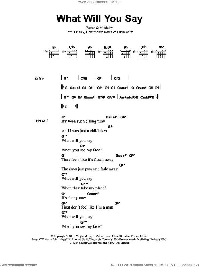 What Will You Say sheet music for guitar (chords) by Jeff Buckley, Carla Azar and Christopher Dowd, intermediate skill level