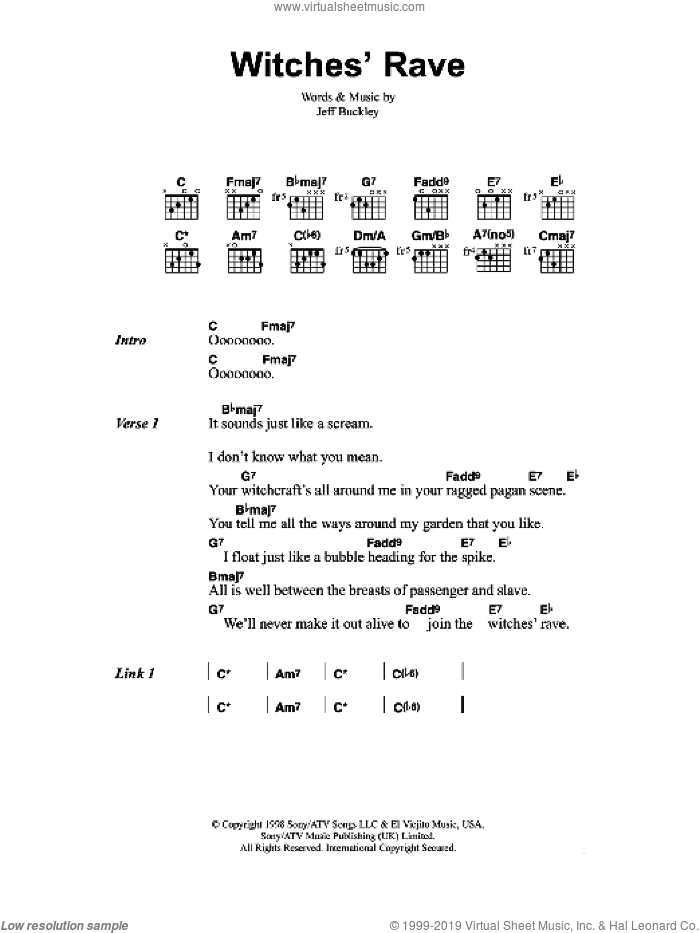 Witches' Rave sheet music for guitar (chords) by Jeff Buckley, intermediate skill level
