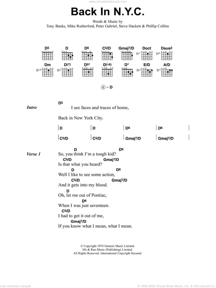 Back In N.Y.C. sheet music for guitar (chords) by Jeff Buckley, Mike Rutherford, Peter Gabriel, phillip collins, Steve Hackett and Tony Banks, intermediate skill level