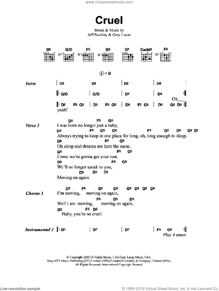 Cruel sheet music for guitar (chords) by Jeff Buckley and Gary Lucas, intermediate skill level