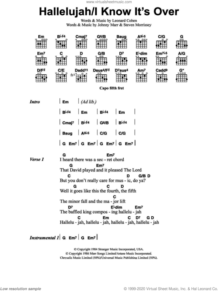 Hallelujah / I Know It's Over sheet music for guitar (chords) by Jeff Buckley, Johnny Marr, Leonard Cohen and Steven Morrissey, intermediate skill level