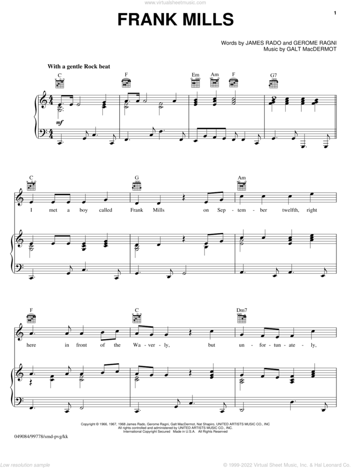 Frank Mills sheet music for voice, piano or guitar by Sonja Kristina, Lemonheads, Galt MacDermot, Gerome Ragni and James Rado, intermediate skill level