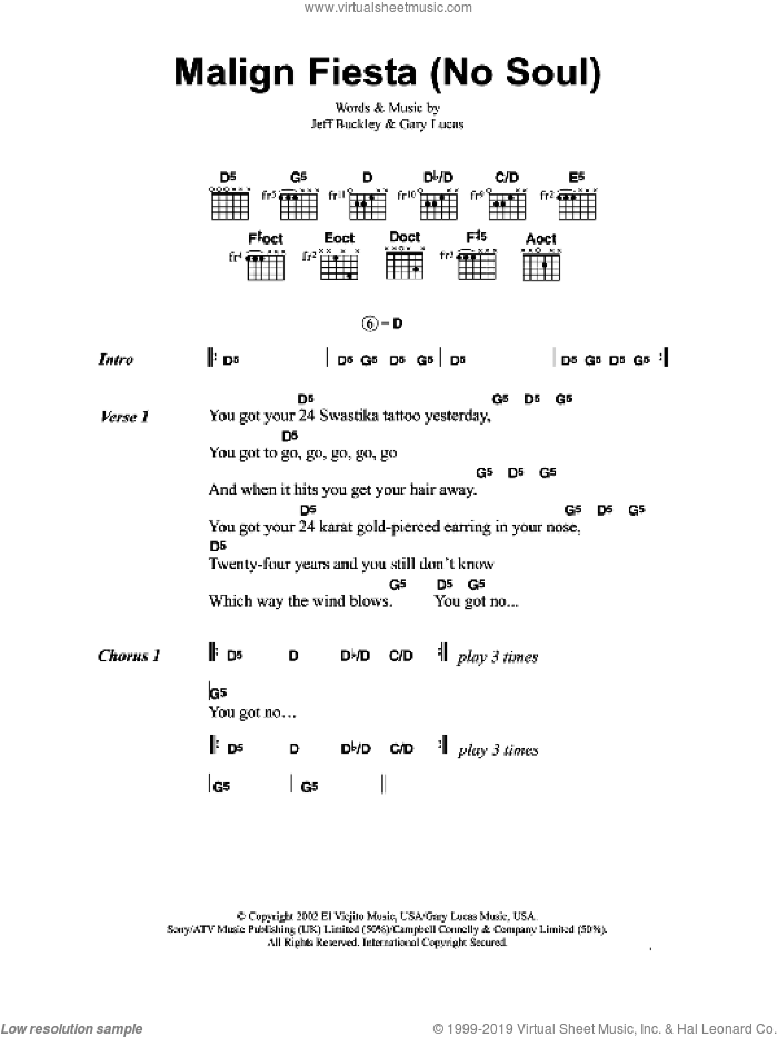 Malign Fiesta (No Soul) sheet music for guitar (chords) by Jeff Buckley and Gary Lucas, intermediate skill level