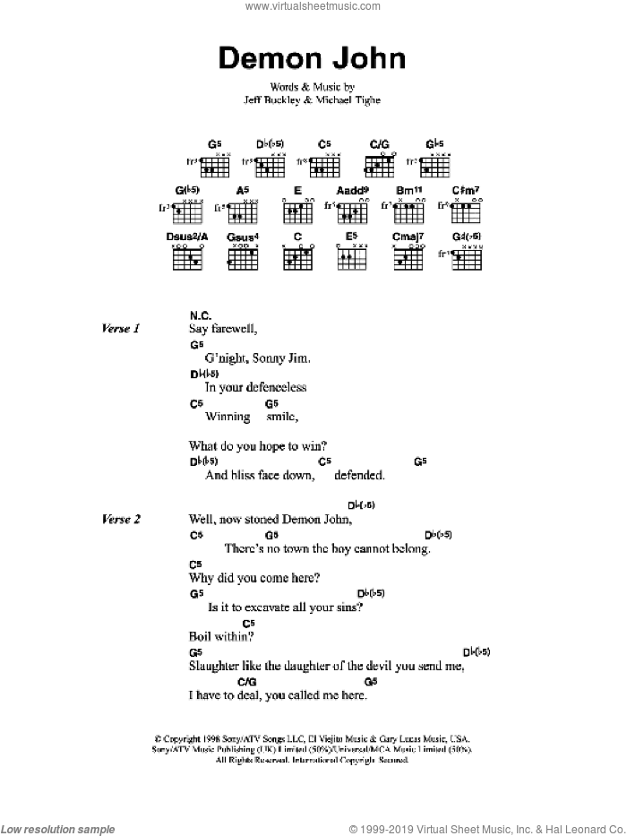 Demon John sheet music for guitar (chords) by Jeff Buckley and Michael Tighe, intermediate skill level