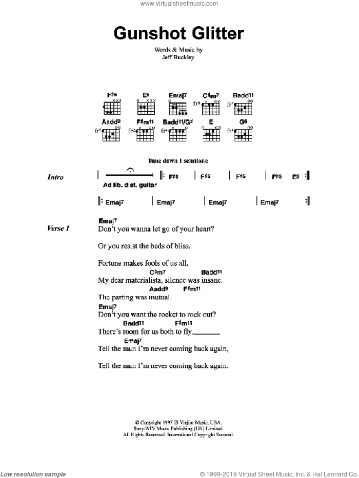 Gunshot Glitter sheet music for guitar (chords) by Jeff Buckley, intermediate skill level