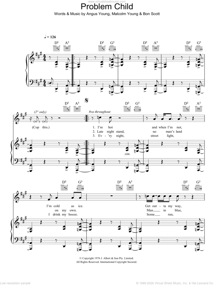 Problem Child sheet music for voice, piano or guitar by AC/DC, Angus Young, Bon Scott and Malcolm Young, intermediate skill level