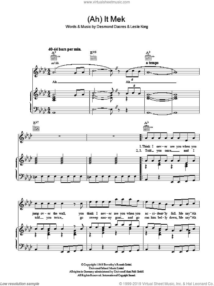 (Ah) It Mek sheet music for voice, piano or guitar by Desmond Dekker, Desmond Dacres and Leslie Kong, intermediate skill level
