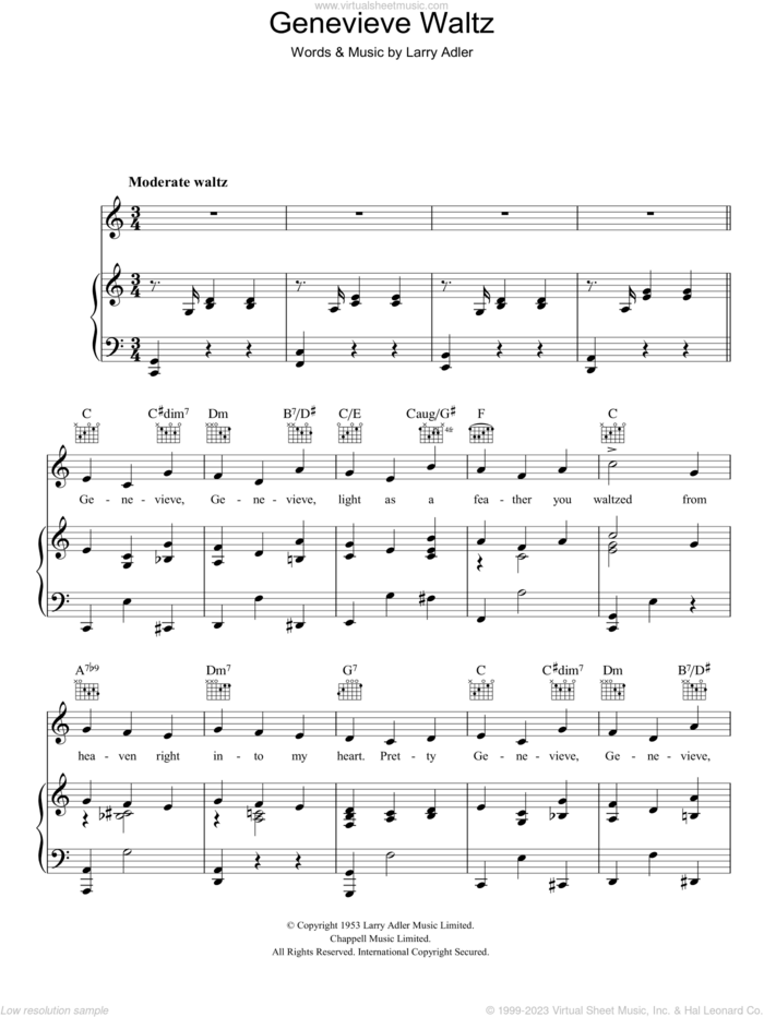 Genevieve Waltz sheet music for voice, piano or guitar by Larry Adler, intermediate skill level