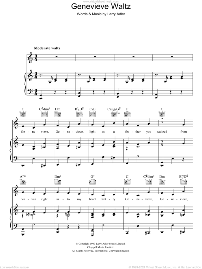 Genevieve Waltz sheet music for voice, piano or guitar by Larry Adler, intermediate skill level