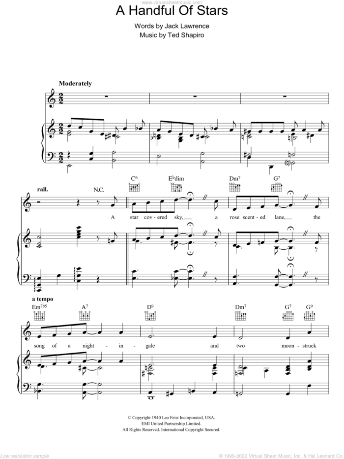 A Handful Of Stars sheet music for voice, piano or guitar by Jack Lawrence and Ted Shapiro, intermediate skill level