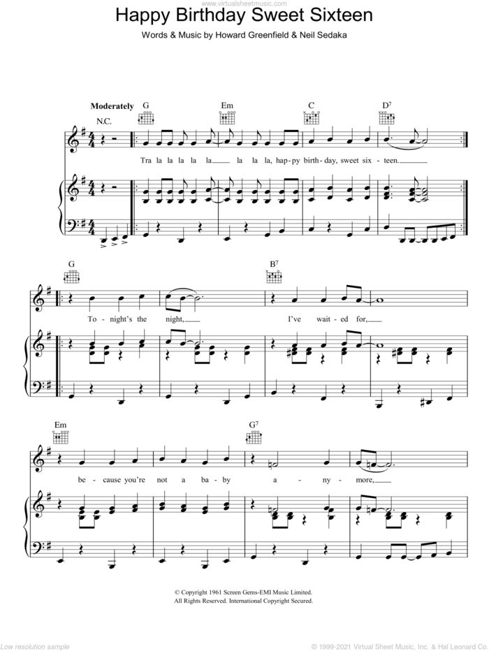 Happy Birthday Sweet Sixteen sheet music for voice, piano or guitar by Neil Sedaka and Howard Greenfield, intermediate skill level
