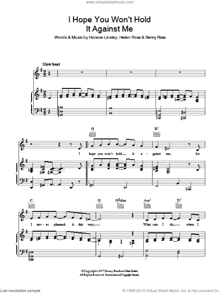 I Hope You Won't Hold It Against Me sheet music for voice, piano or guitar by Benny Ross, Helen Ross and Horace Linsley, intermediate skill level