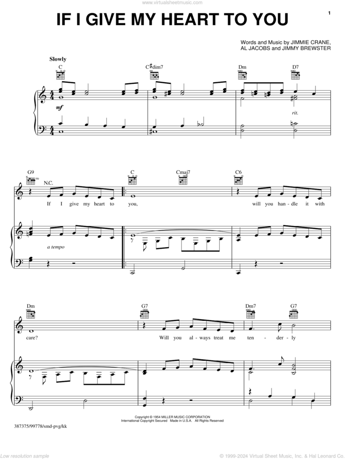 If I Give My Heart To You sheet music for voice, piano or guitar by Doris Day, Al Jacobs, Jimmie Crane and Jimmy Brewster, intermediate skill level