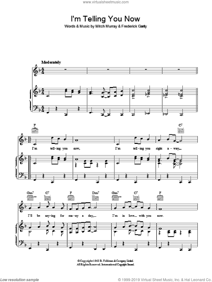 I'm Telling You Now     (Garrity/Murray) sheet music for voice, piano or guitar by Freddie And The Dreamers, Frederick Garrity and Mitch Murray, intermediate skill level