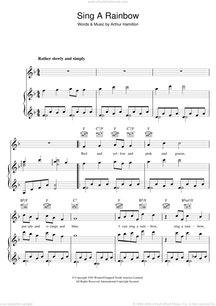 Sing A Rainbow sheet music for voice, piano or guitar by Arthur Hamilton, intermediate skill level