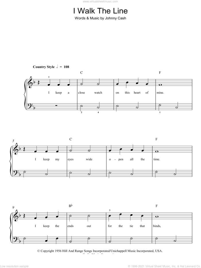 I Walk The Line sheet music for piano solo by Johnny Cash, easy skill level