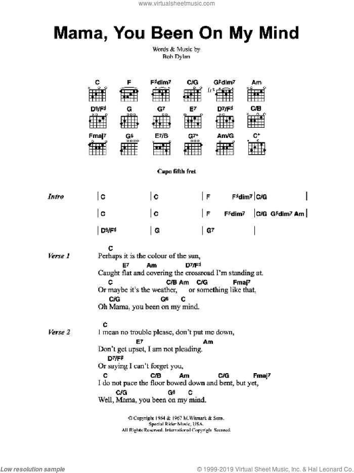 Mama, You Been On My Mind sheet music for guitar (chords) by Jeff Buckley and Bob Dylan, intermediate skill level
