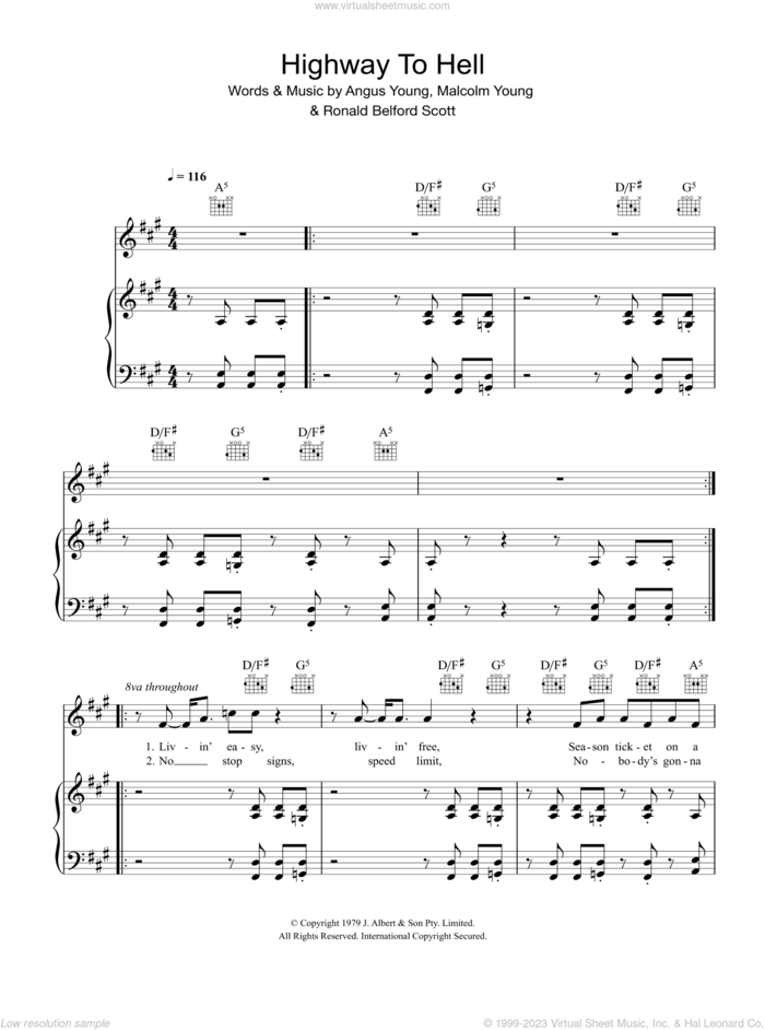 Highway To Hell sheet music for voice, piano or guitar by AC/DC, Angus Young, Brian Johnson and Malcolm Young, intermediate skill level