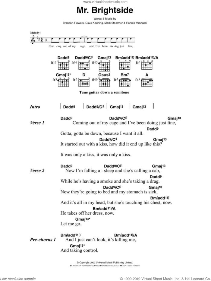 Mr. Brightside sheet music for guitar (chords) by The Killers, Brandon Flowers, Dave Keuning, Mark Stoermer and Ronnie Vannucci, intermediate skill level