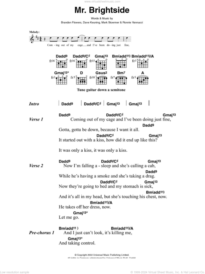 Mr. Brightside sheet music for guitar (chords) by The Killers, Brandon Flowers, Dave Keuning, Mark Stoermer and Ronnie Vannucci, intermediate skill level