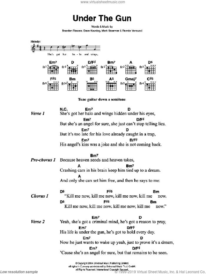 Under The Gun sheet music for guitar (chords) by The Killers, Brandon Flowers, Dave Keuning, Mark Stoermer and Ronnie Vannucci, intermediate skill level