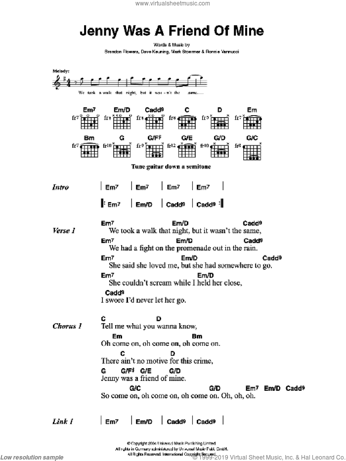 Jenny Was A Friend Of Mine sheet music for guitar (chords) by The Killers, Brandon Flowers, Dave Keuning, Mark Stoermer and Ronnie Vannucci, intermediate skill level