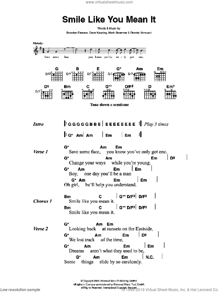 Smile Like You Mean It sheet music for guitar (chords) by The Killers, Brandon Flowers, Dave Keuning, Mark Stoermer and Ronnie Vannucci, intermediate skill level
