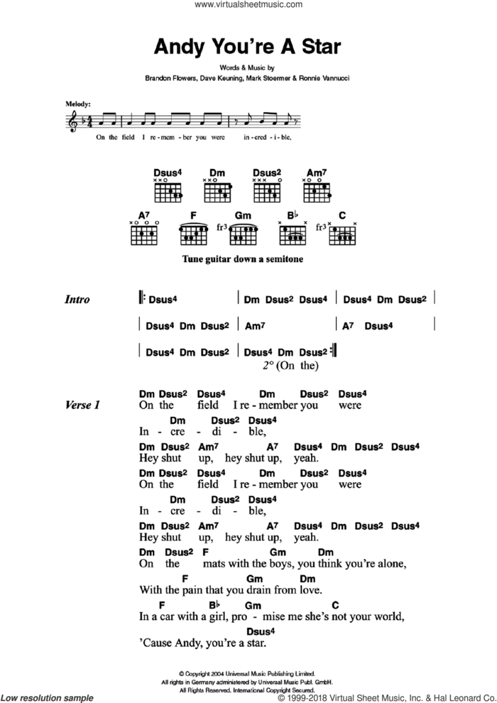 Andy You're A Star sheet music for guitar (chords) by The Killers, Brandon Flowers, Dave Keuning, Mark Stoermer and Ronnie Vannucci, intermediate skill level