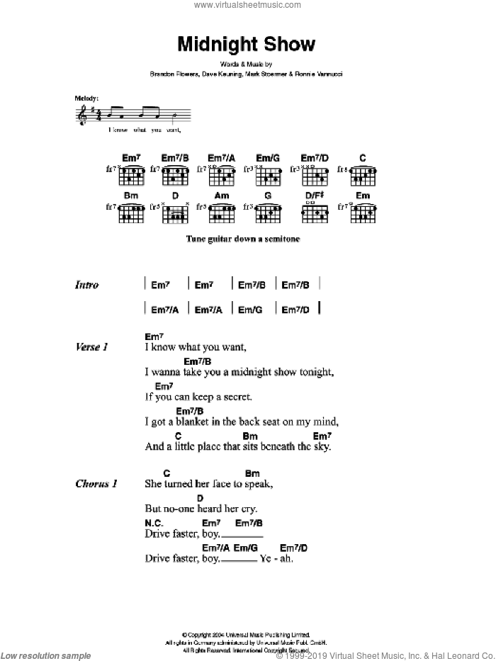 Midnight Show sheet music for guitar (chords) by The Killers, Brandon Flowers, Dave Keuning, Mark Stoermer and Ronnie Vannucci, intermediate skill level