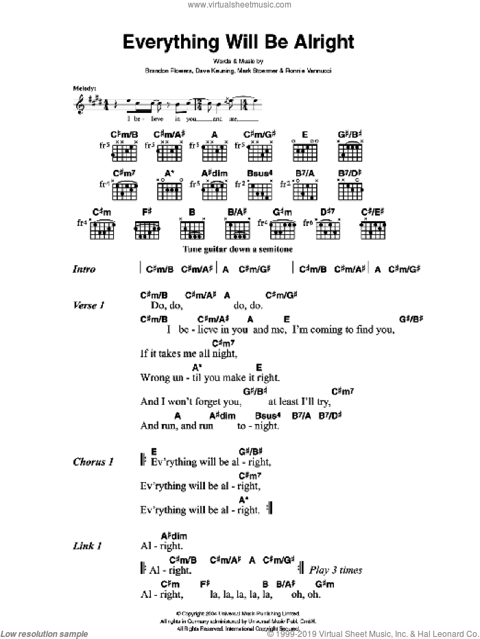 Everything Will Be Alright sheet music for guitar (chords) by The Killers, Brandon Flowers, Dave Keuning, Mark Stoermer and Ronnie Vannucci, intermediate skill level