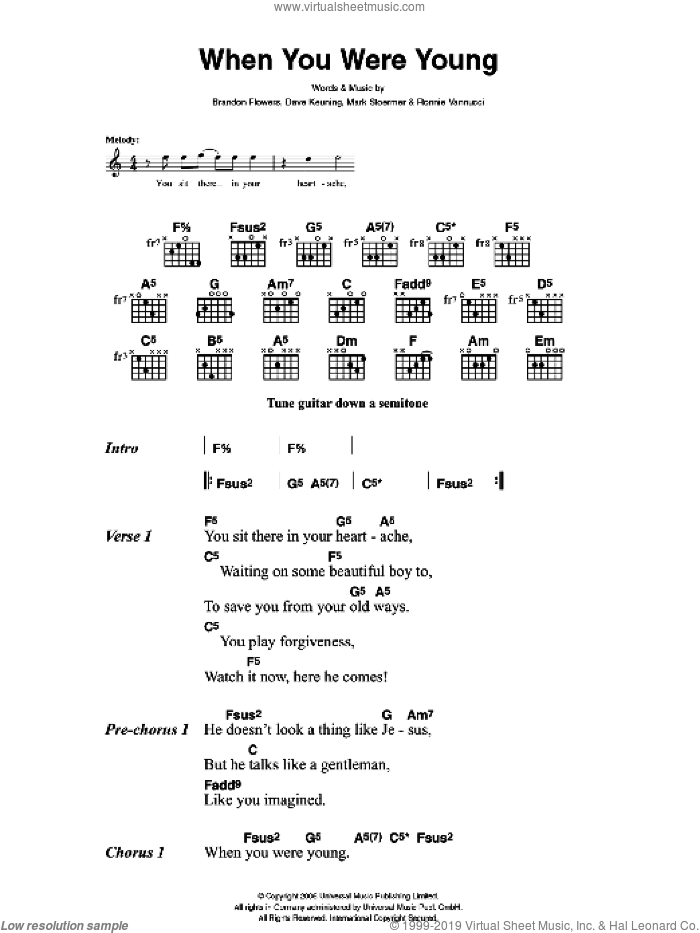 When You Were Young sheet music for guitar (chords) by The Killers, Brandon Flowers, Dave Keuning, Mark Stoermer and Ronnie Vannucci, intermediate skill level