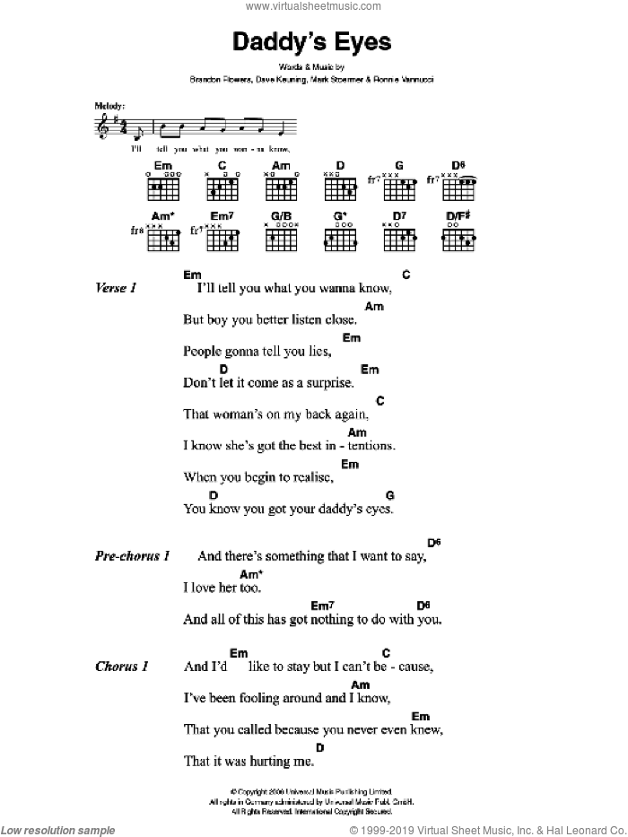 Daddy's Eyes sheet music for guitar (chords) by The Killers, Brandon Flowers, Dave Keuning, Mark Stoermer and Ronnie Vannucci, intermediate skill level