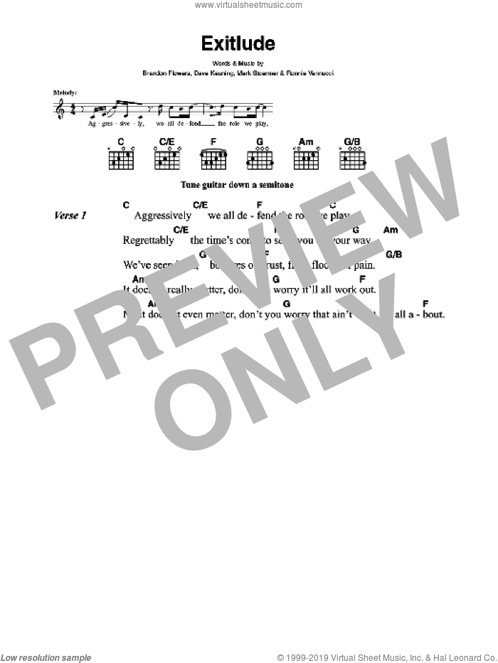 Exitlude sheet music for guitar (chords) by The Killers, Brandon Flowers, Dave Keuning, Mark Stoermer and Ronnie Vannucci, intermediate skill level