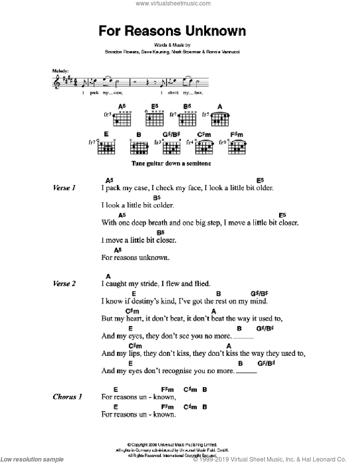 For Reasons Unknown sheet music for guitar (chords) by The Killers, Brandon Flowers, Dave Keuning, Mark Stoermer and Ronnie Vannucci, intermediate skill level