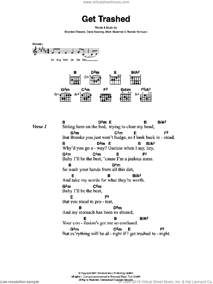 Get Trashed sheet music for guitar (chords) by The Killers, Brandon Flowers, Dave Keuning, Mark Stoermer and Ronnie Vannucci, intermediate skill level