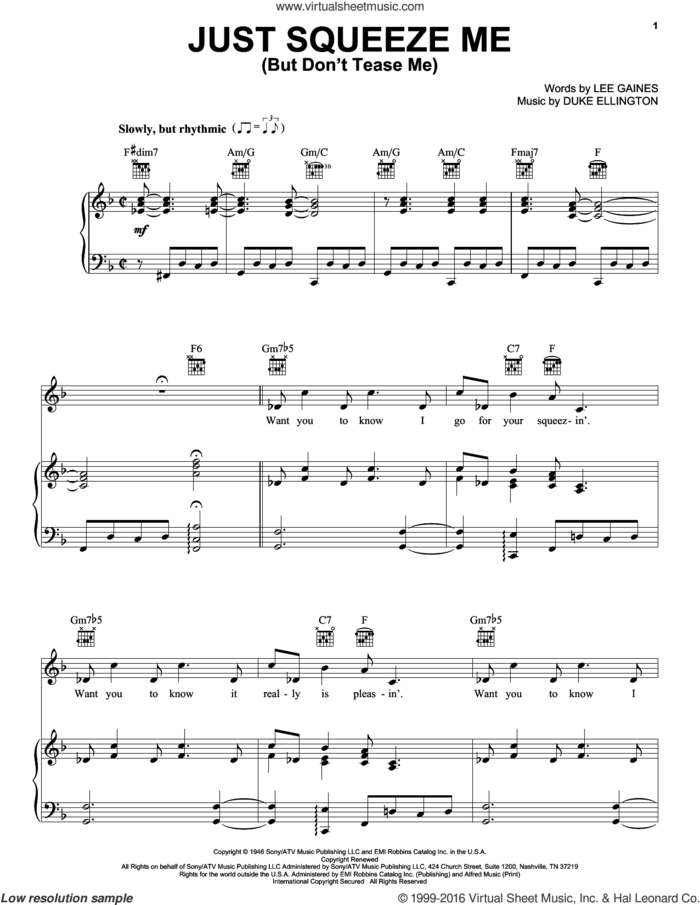 Just Squeeze Me (But Don't Tease Me) sheet music for voice, piano or guitar by Duke Ellington, Lena Horne and Lee Gaines, intermediate skill level