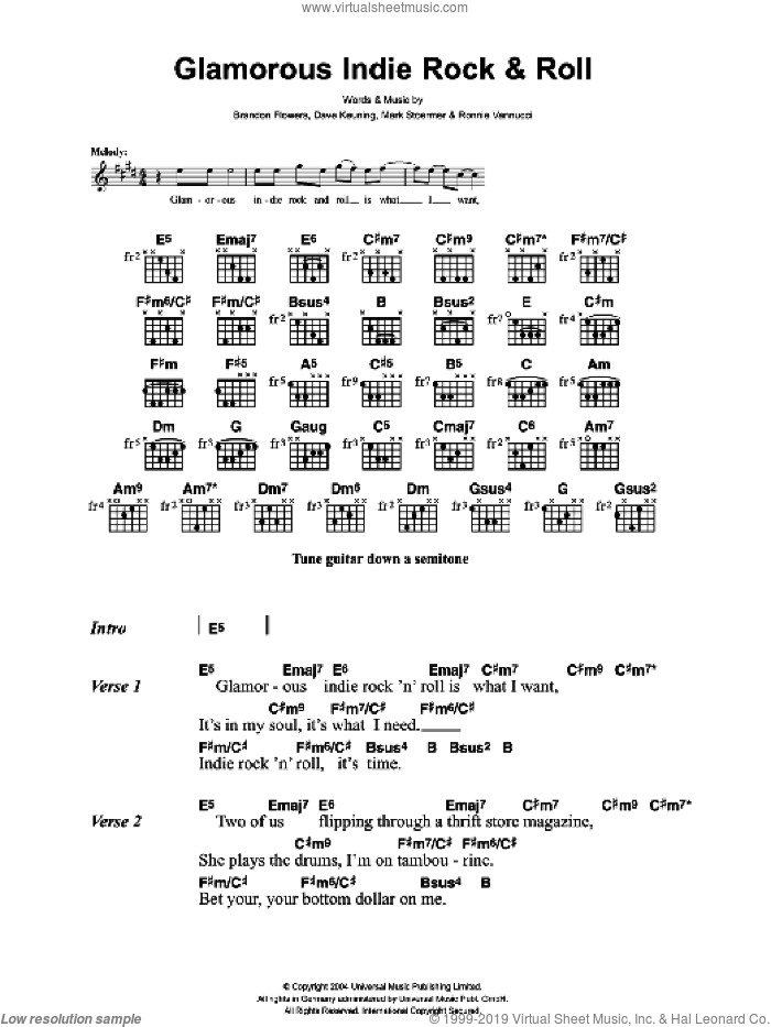 Glamorous Indie Rock And Roll sheet music for guitar (chords) by The Killers, Brandon Flowers, Dave Keuning, Mark Stoermer and Ronnie Vannucci, intermediate skill level