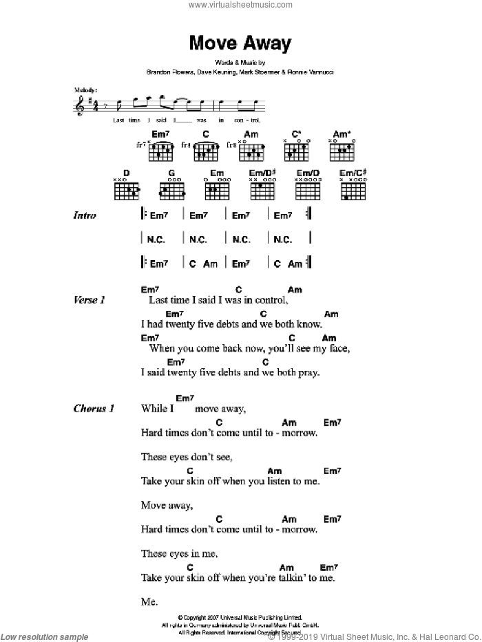 Move Away sheet music for guitar (chords) by The Killers, Brandon Flowers, Dave Keuning, Mark Stoermer and Ronnie Vannucci, intermediate skill level